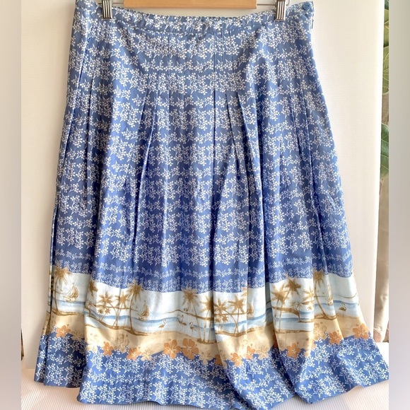Liz Claiborne Dresses & Skirts - LIZ CLAIBORNE Pleated Midi Skirt Cotton Blue Beach Print Women's Size 14 Petite